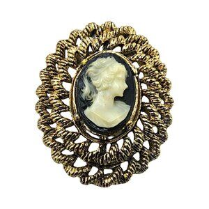 Vintage 1950s Gerry's Gold Tone Framed Black,White Needle Minder Cameo Brooch